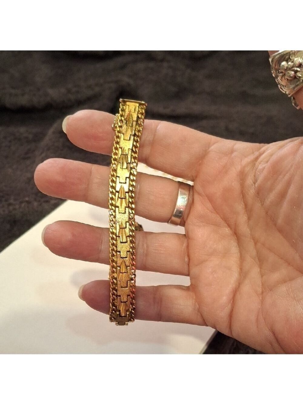 70s Vintage Heavy Gold Plated Chevron Style Bracelet W/ Safety Chain 8"